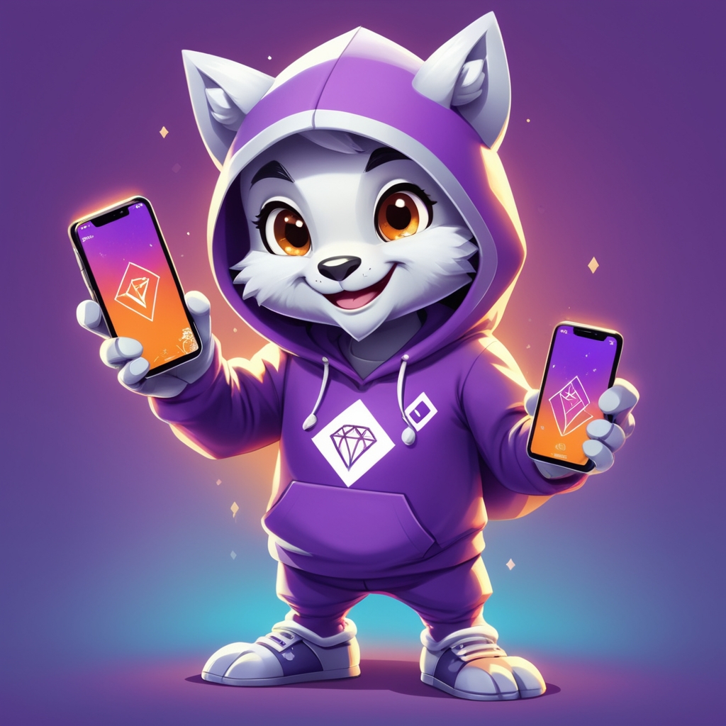 HowDegen.fun mascot - a friendly crypto character in purple hoodie with diamond symbol, holding smartphones with crypto apps