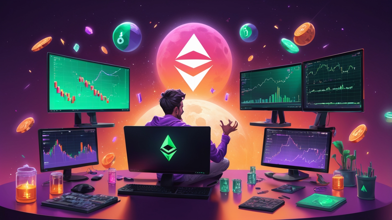 Crypto trader with multiple monitors showing charts, surrounded by floating cryptocurrency symbols in a purple space-themed environment